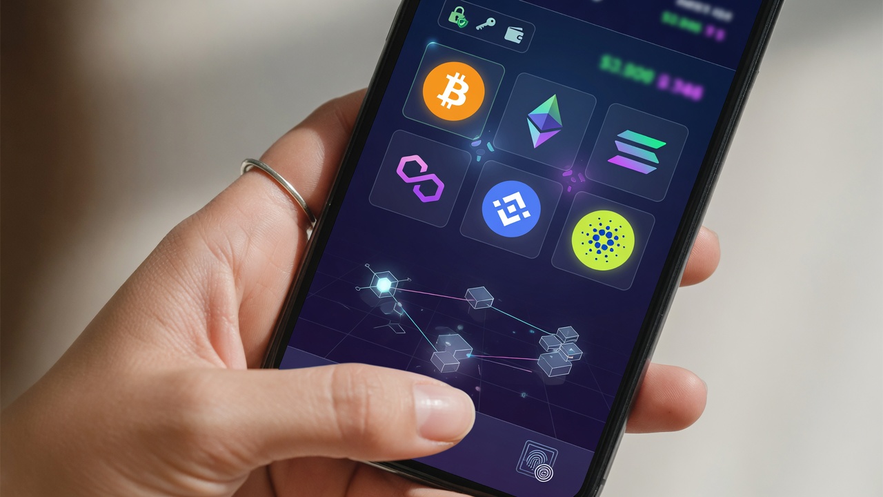 A hand holding a smartphone with a crypto wallet interface featuring multiple blockchain asset icons.