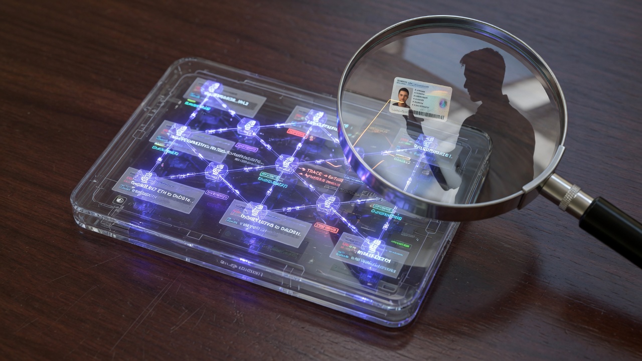 Transparent digital wallet with a visible blockchain and magnifying glass, linked to a shadowy figure with an ID card, illustrating how Trust Wallet transactions can be traced.