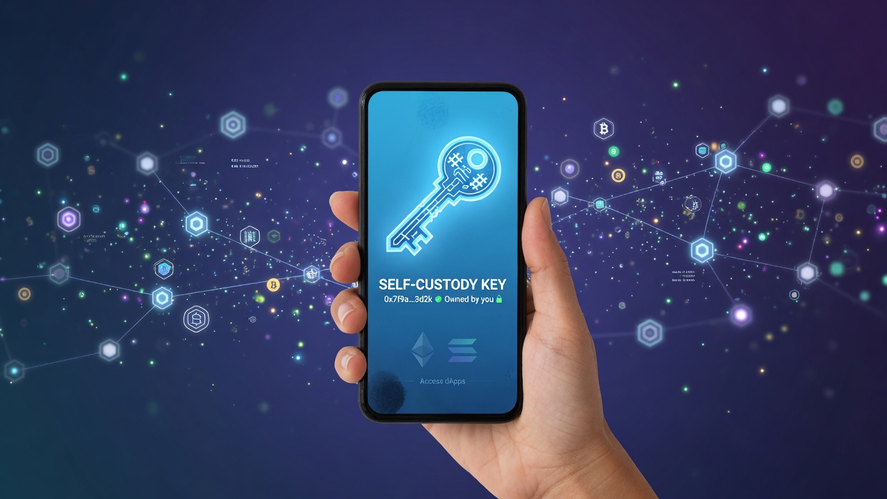 Hand holding a smartphone with a glowing digital key, representing self-custody and secure crypto management, against a futuristic Web3 network background.